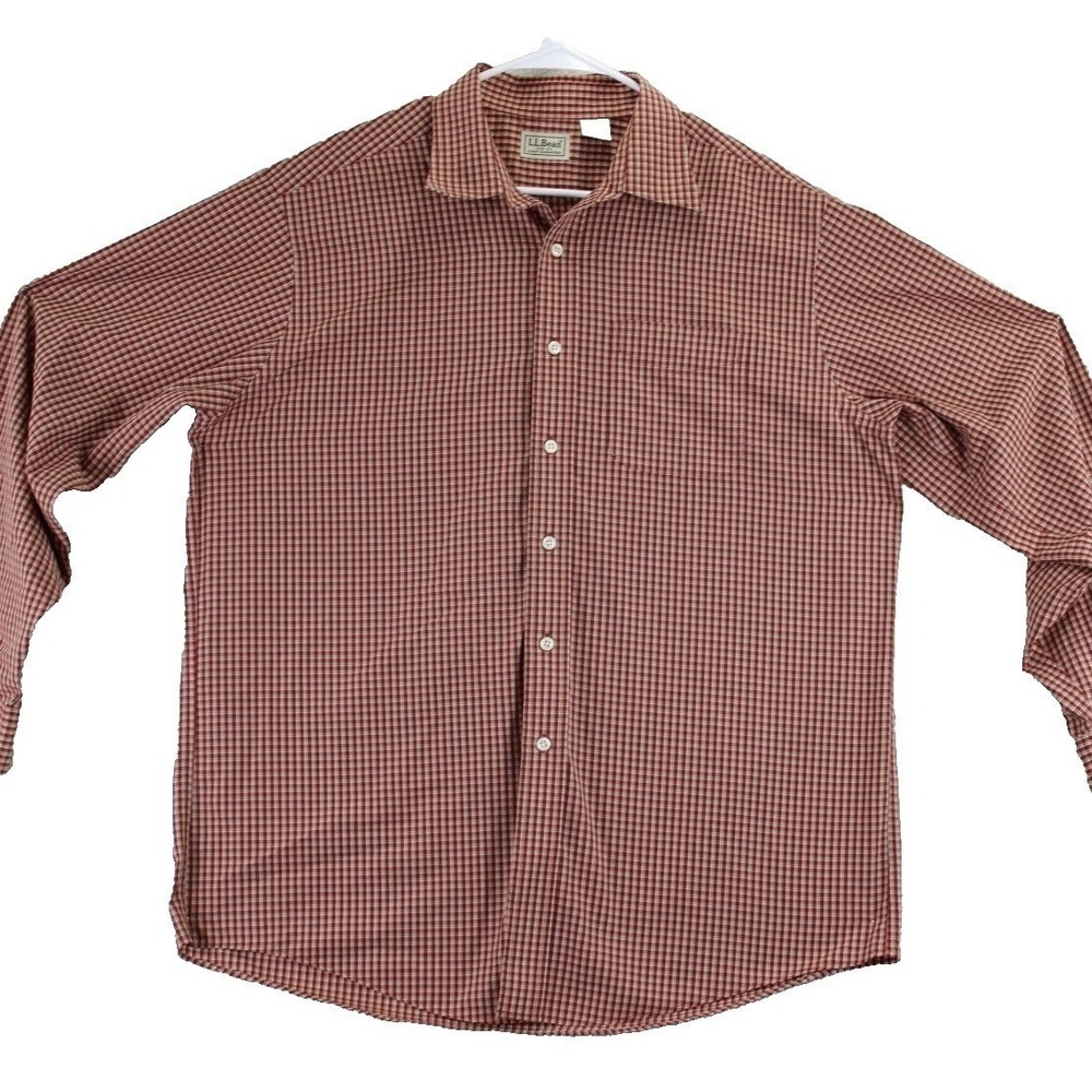 LL Bean Long Sleeve Gingham Button Down Shirt Mens Large Red Tan